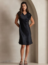 [Svart] SilkSilky-NO Cap Sleeve V Neck Kjole 001