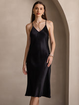 [Svart] SilkSilky-NO Spaghetti Strap V Neck Kjole 003