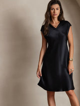 [Svart] SilkSilky-NO Cap Sleeve V Neck Kjole 003