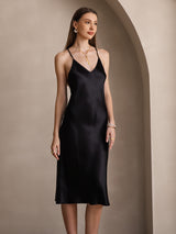 [Svart] SilkSilky-NO Spaghetti Strap V Neck Kjole 004
