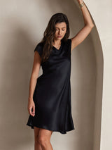 [Svart] SilkSilky-NO Cap Sleeve V Neck Kjole 004