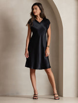 [Svart] SilkSilky-NO Cap Sleeve V Neck Kjole 006