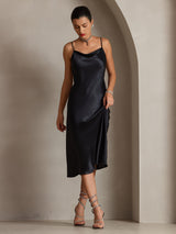 [Svart] SilkSilky-NO Spaghetti Strap Cowl Neck Kjole 004