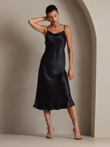 [Svart] SilkSilky-NO Spaghetti Strap Cowl Neck Kjole 006