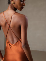 [Karamell] SilkSilky-NO Spaghetti Strap V Neck Kjole 003