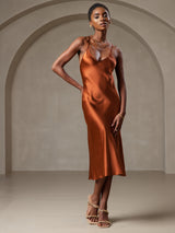 [Karamell] SilkSilky-NO Spaghetti Strap V Neck Kjole 004