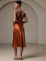 [Karamell] SilkSilky-NO Spaghetti Strap V Neck Kjole 002