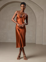 [Karamell] SilkSilky-NO Spaghetti Strap V Neck Kjole 005
