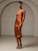 [Karamell] SilkSilky-NO Spaghetti Strap V Neck Kjole 006