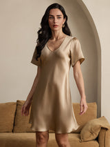 [Champagne] SilkSilky-NO Short Sleeve V Neck Nattkjole 003