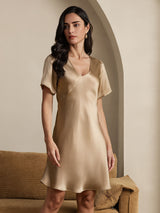 [Champagne] SilkSilky-NO Short Sleeve V Neck Nattkjole 005