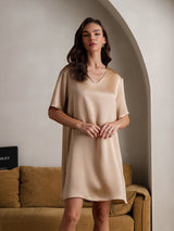 [Champagne] SilkSilky-NO Half Sleeve V Neck Nattkjole 004