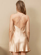 [Champagne] SilkSilky-NO Spaghetti Strap V Neck Kjole 002