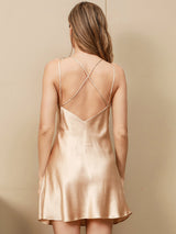 [Champagne] SilkSilky-NO Spaghetti Strap V Neck Nattkjole 001
