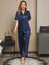 [Mørke blå] SilkSilky-NO Short Sleeve Lapel Collar Pyjamas for Kvinner 001