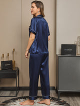 [Mørke blå] SilkSilky-NO Short Sleeve Lapel Collar Pyjamas for Kvinner 002
