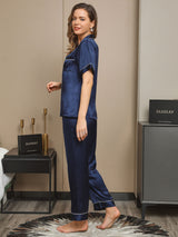 [Mørke blå] SilkSilky-NO Short Sleeve Lapel Collar Pyjamas for Kvinner 005