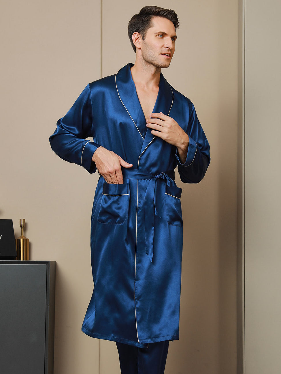[Mørke blå] SilkSilky-NO 19Momme Mens Robe 001