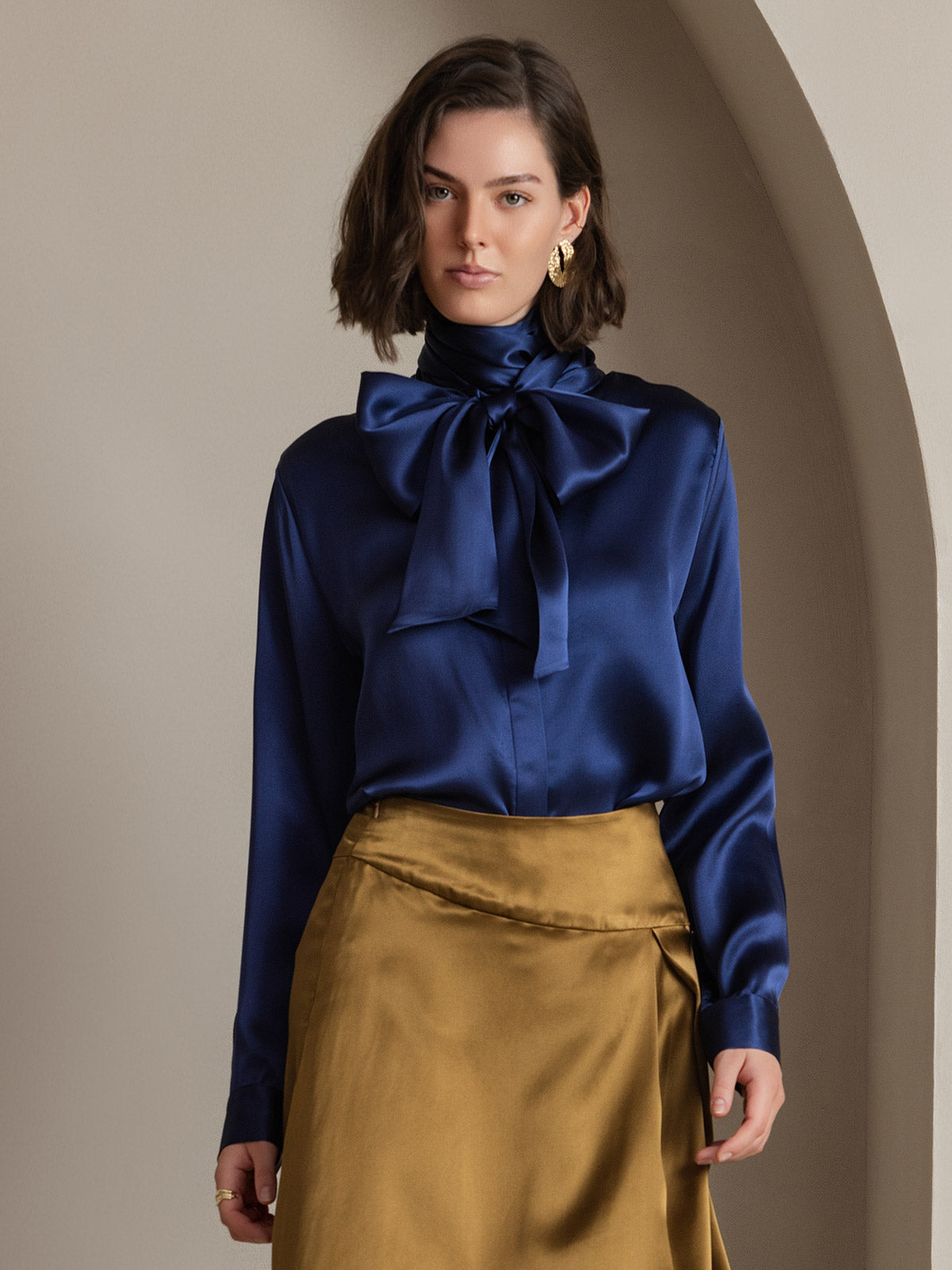 [Mørke blå] SilkSilky-NO 19Momme Silke Blouse 001