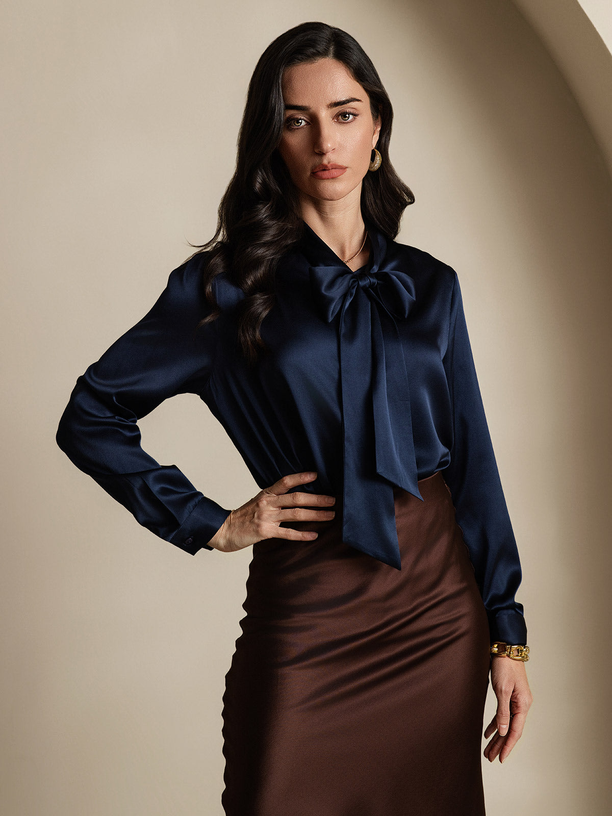 [Mørke blå] SilkSilky-NO 19Momme Silke Blouse 004