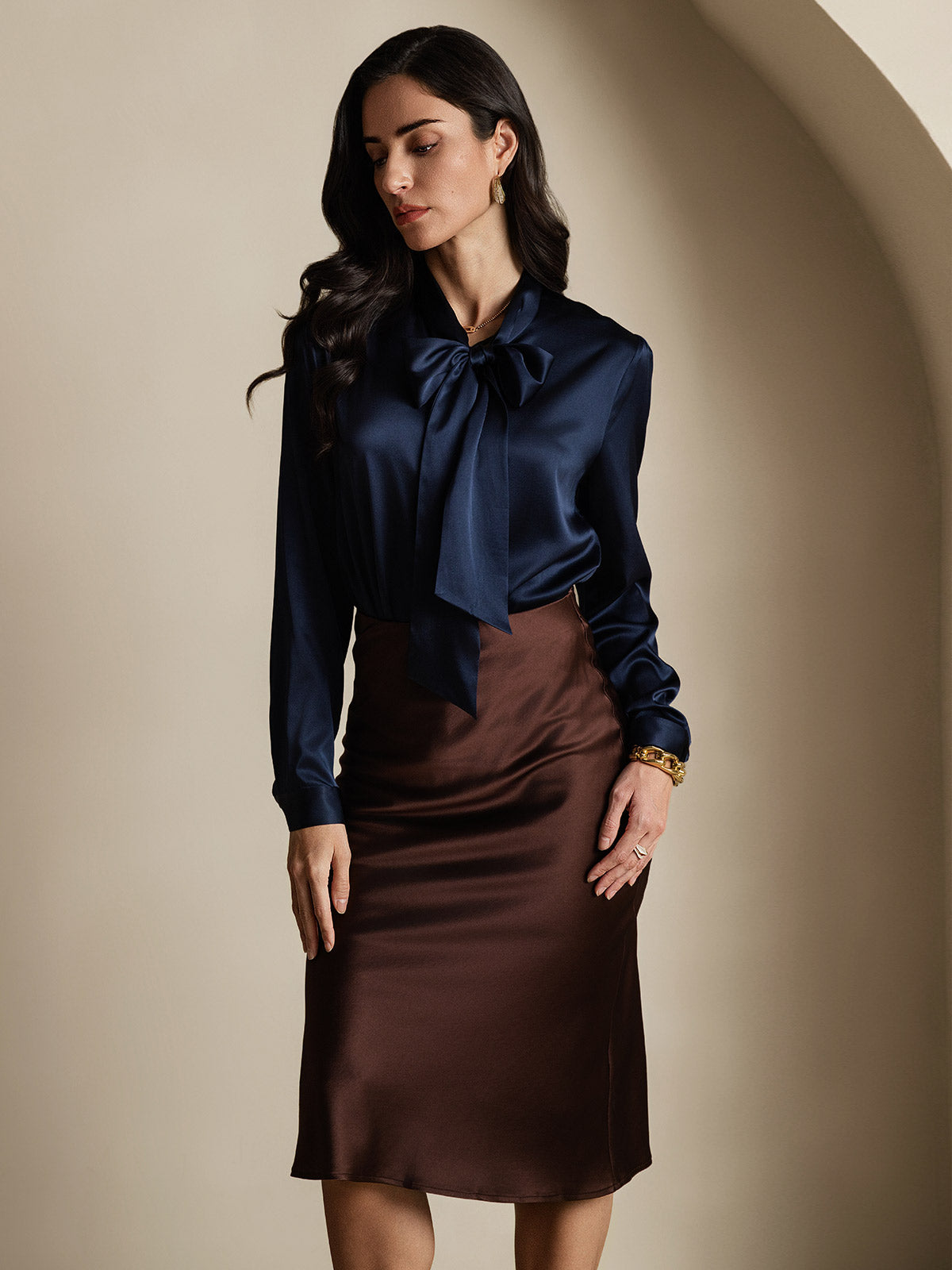 [Mørke blå] SilkSilky-NO 19Momme Silke Blouse 005