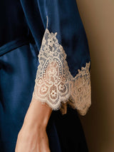 [Mørke blå] SilkSilky-NO 3/4 Sleeve V Neck Nattkjole og Morgenkåpesett 009