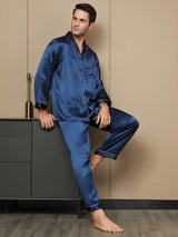 [Mørke blå] SilkSilky-NO Long Sleeve Lapel Collar Pyjamas for menn 001