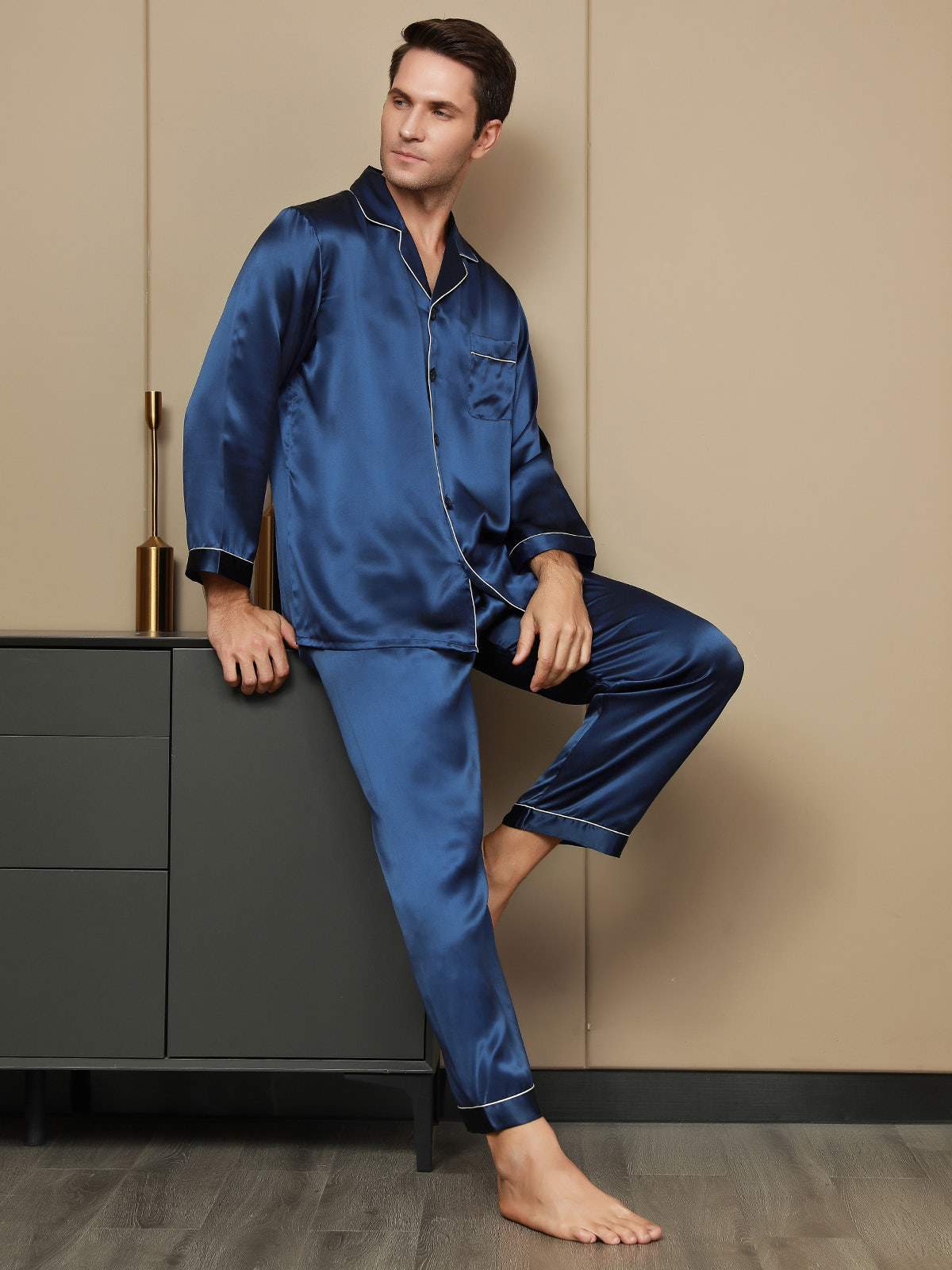 [Mørke blå] SilkSilky-NO Long Sleeve Lapel Collar Pyjamas for menn 001