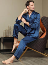 [Mørke blå] SilkSilky-NO Long Sleeve Lapel Collar Pyjamas for menn 002