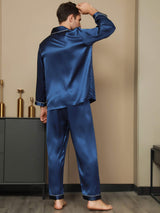 [Mørke blå] SilkSilky-NO Long Sleeve Lapel Collar Pyjamas for menn 004