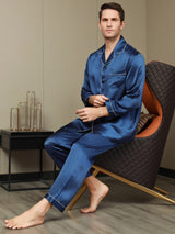 [Mørke blå] SilkSilky-NO Long Sleeve Lapel Collar Pyjamas for menn 006