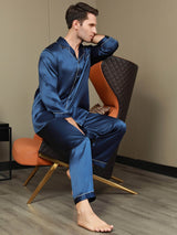 [Mørke blå] SilkSilky-NO Long Sleeve Lapel Collar Pyjamas for menn 008
