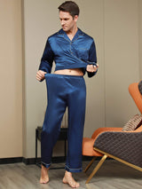 [Mørke blå] SilkSilky-NO Long Sleeve Lapel Collar Pyjamas for menn 009