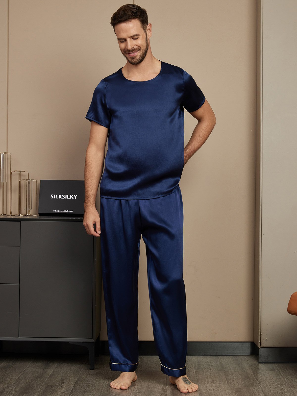 [Mørke blå] SilkSilky-NO Short Sleeve Round Neck Pyjamas for menn 001