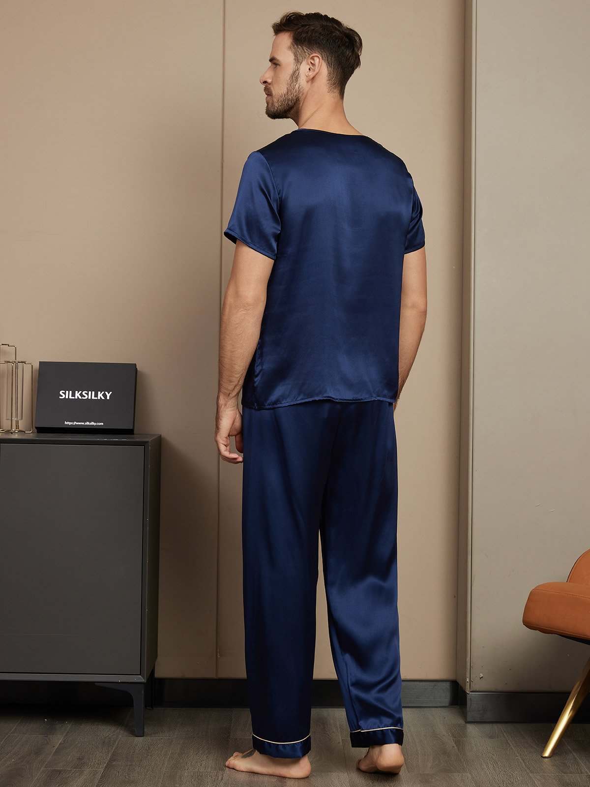 [Mørke blå] SilkSilky-NO Short Sleeve Round Neck Pyjamas for menn 002