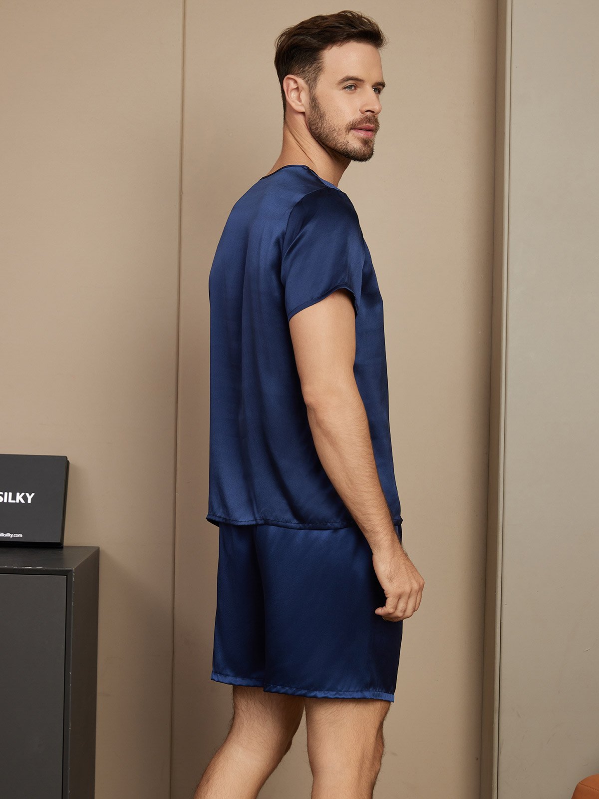 [Mørke blå] SilkSilky-NO Short Sleeve Round Neck Pyjamas for menn 002