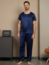 [Mørke blå] SilkSilky-NO Short Sleeve Round Neck Pyjamas for menn 003