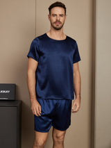 [Mørke blå] SilkSilky-NO Short Sleeve Round Neck Pyjamas for menn 003