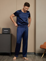 [Mørke blå] SilkSilky-NO Short Sleeve Round Neck Pyjamas for menn 004