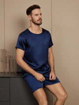 [Mørke blå] SilkSilky-NO Short Sleeve Round Neck Pyjamas for menn 004
