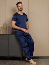 [Mørke blå] SilkSilky-NO Short Sleeve Round Neck Pyjamas for menn 005