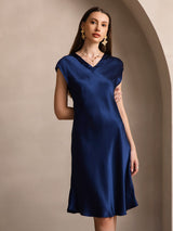[Mørke blå] SilkSilky-NO Cap Sleeve V Neck Kjole 001