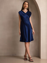 [Mørke blå] SilkSilky-NO Cap Sleeve V Neck Kjole 004