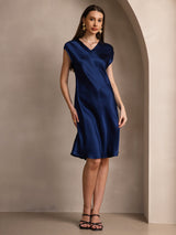 [Mørke blå] SilkSilky-NO Cap Sleeve V Neck Kjole 006