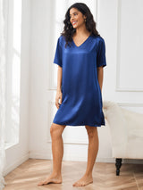 [Mørke blå] SilkSilky-NO Half Sleeve V Neck Nattkjole 004