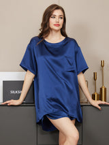 [Mørke blå] SilkSilky-NO Short Sleeve Round Neck Pyjamas for Kvinner 001