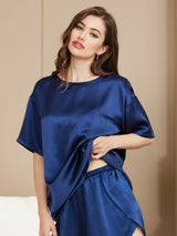 [Mørke blå] SilkSilky-NO Short Sleeve Round Neck Pyjamas for Kvinner 003