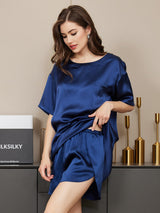 [Mørke blå] SilkSilky-NO Short Sleeve Round Neck Pyjamas for Kvinner 005