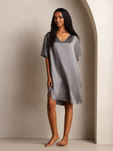[Mørkegrå] SilkSilky-NO Half Sleeve V Neck Nattkjole 001