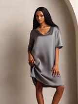 [Mørkegrå] SilkSilky-NO Half Sleeve V Neck Nattkjole 008